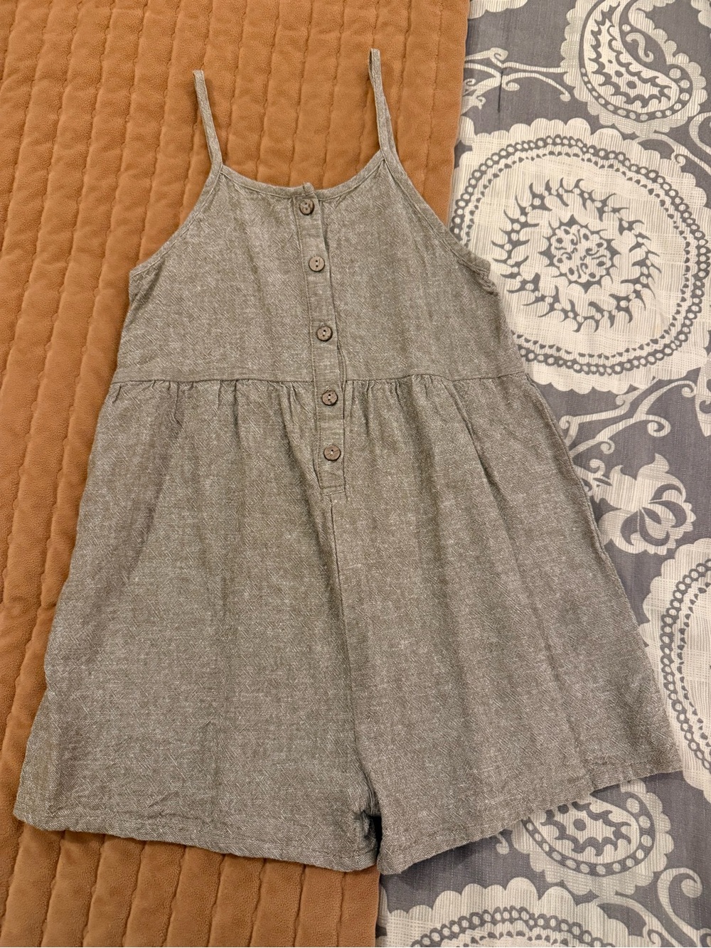 Rylee + Cru Button Romper in Olive size 6-7y